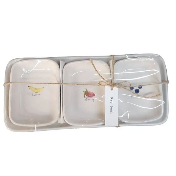 Rae Dunn White Black Banana Strawberry Blueberries Set of 3 Platter and Dish Set - Picture 1 of 6